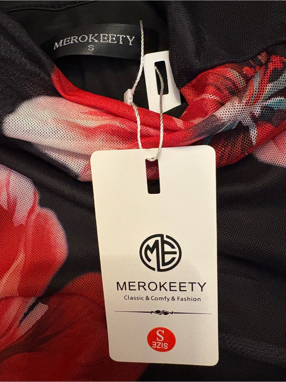 NWT MEROKEETY Red Floral Mesh Maxi Dress Size Small Bodycon Long Sleeve - Picture 3 of 4